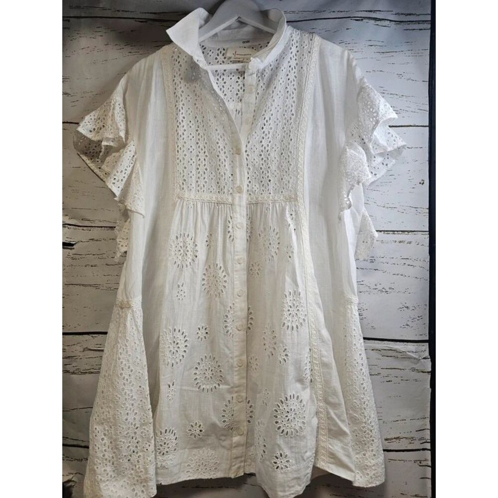 Anthropologie White Eyelet Embroidered Button Front Tunic Dress M